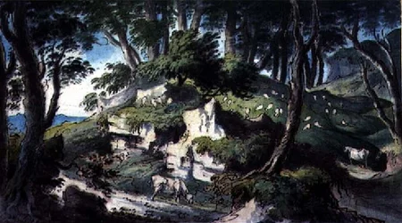 Landschaft mit Kühen und Schafen