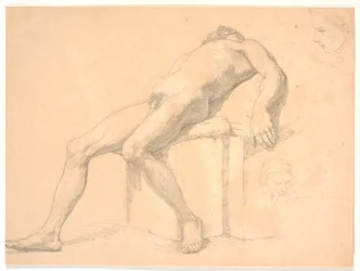 Studie eines männlichen, nackten, zurückgelehnten Modells. Rechts zwei Porträtköpfe, einer möglicherweise Constantin Hansen