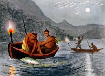 Ureinwohner Amerikas beim Fischen mit Fackeln in Nordamerika, 1813