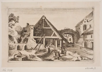 Stadtinterieur mit Scheune und Geburt Jesu