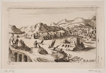 Kupferne Küstenlandschaft mit orientalischen Gebäuden