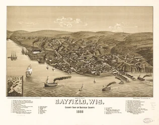 Vogelperspektive von Bayfield, Wis., Bezirkssitz von Bayfield County 1886
