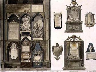 Westseite der Poets Corner, Platte 25 aus Westminster Abbey, graviert von J. Bluck (fl.1791-1831) veröffentlicht von Rudolph Ackermann (1764-1834) 1811
