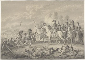 Herzog von Wellington empfängt während der Schlacht bei Waterloo zwei von den Franzosen eroberte Standarten mit Adlern, 1815
