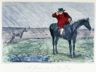 Pferdejagd an einem regnerischen Tag. Englische Karikatur über die Fuchsjagd aus den "Abenteuern von Thomas Scott oder Hauwbuck Grange", Illustration von H.K. Browne und W.T. Maud.