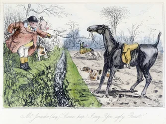 Reitszene der Jagd. Englische Karikatur über die Fuchsjagd aus „Die Abenteuer von Thomas Scott oder Hawbuck Grange“, Illustration von H.K. Browne und W.T. Maud