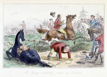 Jäger fällt von seinem Pferd. Englische Karikatur aus den „Abenteuern von Thomas Scott oder Hawbuck Grange“, Illustration von H.K. Browne und W.T. Maud.