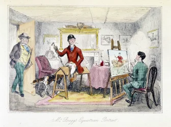 Maler realisiert das Reiterporträt von Mr. Bragg in „Die Abenteuer von Thomas Scott“, Illustration von H.K. Browne und W.T. Maud. Englische Karikatur über die Fuchsjagd