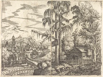 Landschaft mit Blick auf ein Bauernhaus und eine Stadt in der Nähe eines Flusses