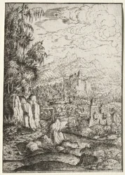 Landschaft mit einer Straße zu einer Burg auf einer Insel in einem Fluss