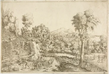 Landschaft mit einem Weinberg, in der Mitte ein mit Stangen beladener Wagen