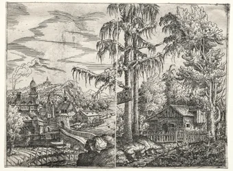 Landschaft mit der Stadt an einem Fluss und dem Häuschen zwischen Bäumen