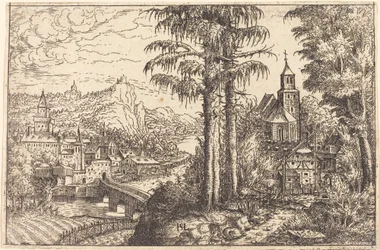 Blick auf eine Stadt nahe einem Fluss mit einer Kirche rechts