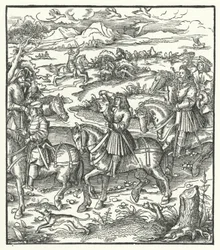 Erzherzog Maximilian von Österreich bei der Reiherjagd (Gravur)