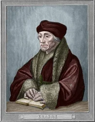 Porträt von Erasmus von Rotterdam (1469-1536), niederländischer Humanist. Gravur nach dem Original von Hans Holbein dem Jüngeren (1497-1543). Gravur von 1859 in „Die Galerien Europas - Italien“ von Armengaud. Private Sammlung.