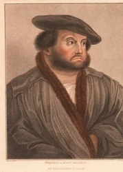 Selbstporträt des Künstlers Hans Holbein im Kensington Palace, 1812 (Gravur)