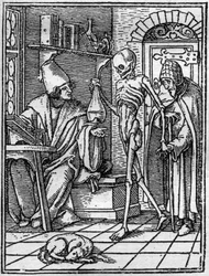Die Simulakren des Todes von Hans Holbein dem Jüngeren: der Arzt. Der Tod kommt zwischen den Arzt und seinen Patienten. Gravur