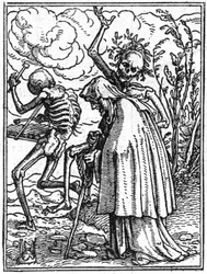 Die Simulakren des Todes von Hans Holbein dem Jüngeren (1497-1543): die Alte. Der Tod begleitet eine alte Dame zu ihrem Schicksal. Gravur.