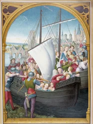 Landung der Jungfrauen in Köln und ihr Martyrium, nach dem Schachspiel der heiligen Ursula, Brügge, von Memling