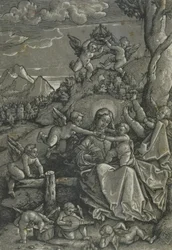 Madonna mit Kind und Engeln in einer Landschaft