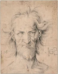 Kopf eines bärtigen alten Mannes "Saturn" - Zeichnung von Hans Baldung (1484-1545), schwarze Kreide auf Papier