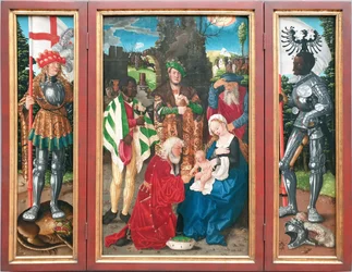 Dreikönigsaltar
Links: Heiliger Georg
Mitte: Die Anbetung der Könige
Rechts: Heiliger Mauritius