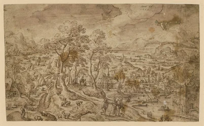 Christus auf dem Weg nach Emmaus in weiter Landschaft