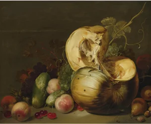 Stillleben mit einem Kürbis, Pfirsichen, Trauben, Kirschen und anderem Obst