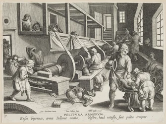 Politura Armorum (Waffenpolitur), Platte 17 aus der Serie Nova Reperta (Moderne Entdeckungen), ca. 1588