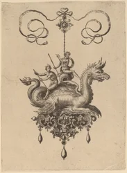 Entwurf für ein Anhänger mit einem Seeungeheuer, das Neptun auf einer Urne trägt, flankiert von einem Flussgott mit einem Ruder