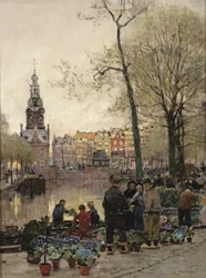Blumenmarkt in Amsterdam, die Munt im Hintergrund