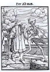 Der Tod und der alte Mann, aus „Der Totentanz“, gestochen von Hans Lützelburger, ca. 1538