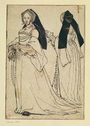 Zwei Ansichten einer Frau mit englischer Haube, ca. 1528-30