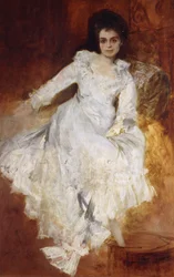 Porträt einer Dame in einem weißen Kleid auf einem Sofa liegend