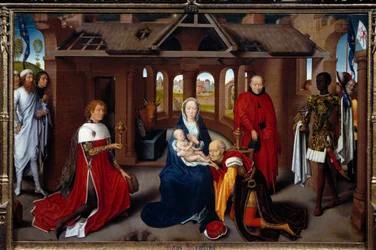 Triptychon der Anbetung der Könige: Mittelteil. Die Weisen sind wie Karl der Kühne und Philipp der Gute. Detrempe auf Holz von Hans Memling (1433-1494). ca. 1470, Madrid, Prado-Museum