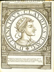 Henricus II Claudus, Illustration aus Imperatorum romanorum omnium orientalium et occidentalium verissimae imagines ex antiquis numismatis, Holzschnitt von Rudolph Wyssenbach, gedruckt von Andreas Gesner, Zürich