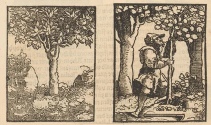 Baum und Darstellung eines Obstpflückers zwischen Bäumen