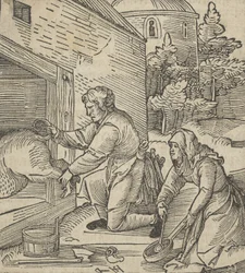 Ein Bauer schlachtet ein Schwein, aus Hymmelwagen auff dem, wer wol lebt..., 1517