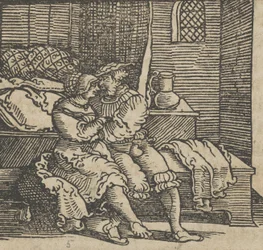 Spinneloccio in einer Truhe eingeschlossen, auf der seine Frau und Zeppa sitzen, vor 1534