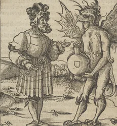 Der Teufel bietet einem Ritter Gift an, aus Hymmelwagen auff dem, wer wol lebt..., 1517