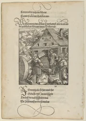 Von Fürwittig gedrängt, versucht Theuerdanck einen Polierstein zu manipulieren, aus Theuerdanck, 1517