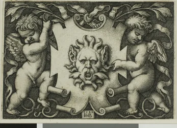 Ornament mit einer Maske, gehalten von zwei Genien