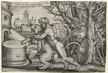Die Arbeiten des Herkules: Herkules erwürgt den nemeischen Löwen, 1548