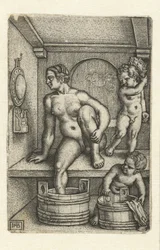 Frau mit zwei Kindern im Badezimmer