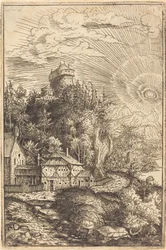 Landschaft mit einem Schloss und strahlender Sonne
