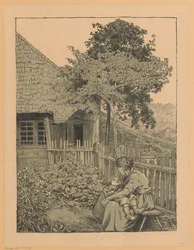 Frau mit Kind, im Garten vor einem Haus im Schwarzwald sitzend