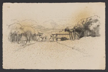 Landschaft mit einem Haus zwischen Bäumen