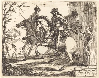 Drei Reiter vor einem Gasthaus