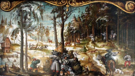 Zwei Tafeln aus einer Folge von Bildern des Landlebens: Fuchs- und Hirschjagd im Winter