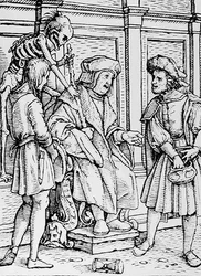 Tod und der Richter, aus Der Totentanz, graviert von Hans Lutzelburger, ca. 1538